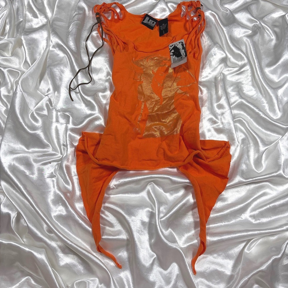 y2k Tank Top Orange NEW JLO Jennifer Lopez Metallic Graphic Shredded Asymmetric
